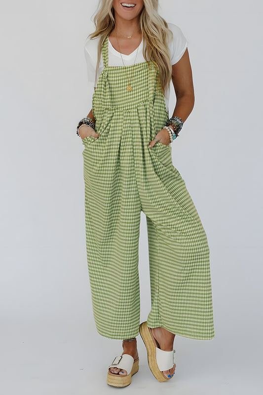 Green Gingham Wide Leg Loose Overall with Pockets-Bottoms/Jumpsuits & Rompers-[Adult]-[Female]-2022 Online Blue Zone Planet