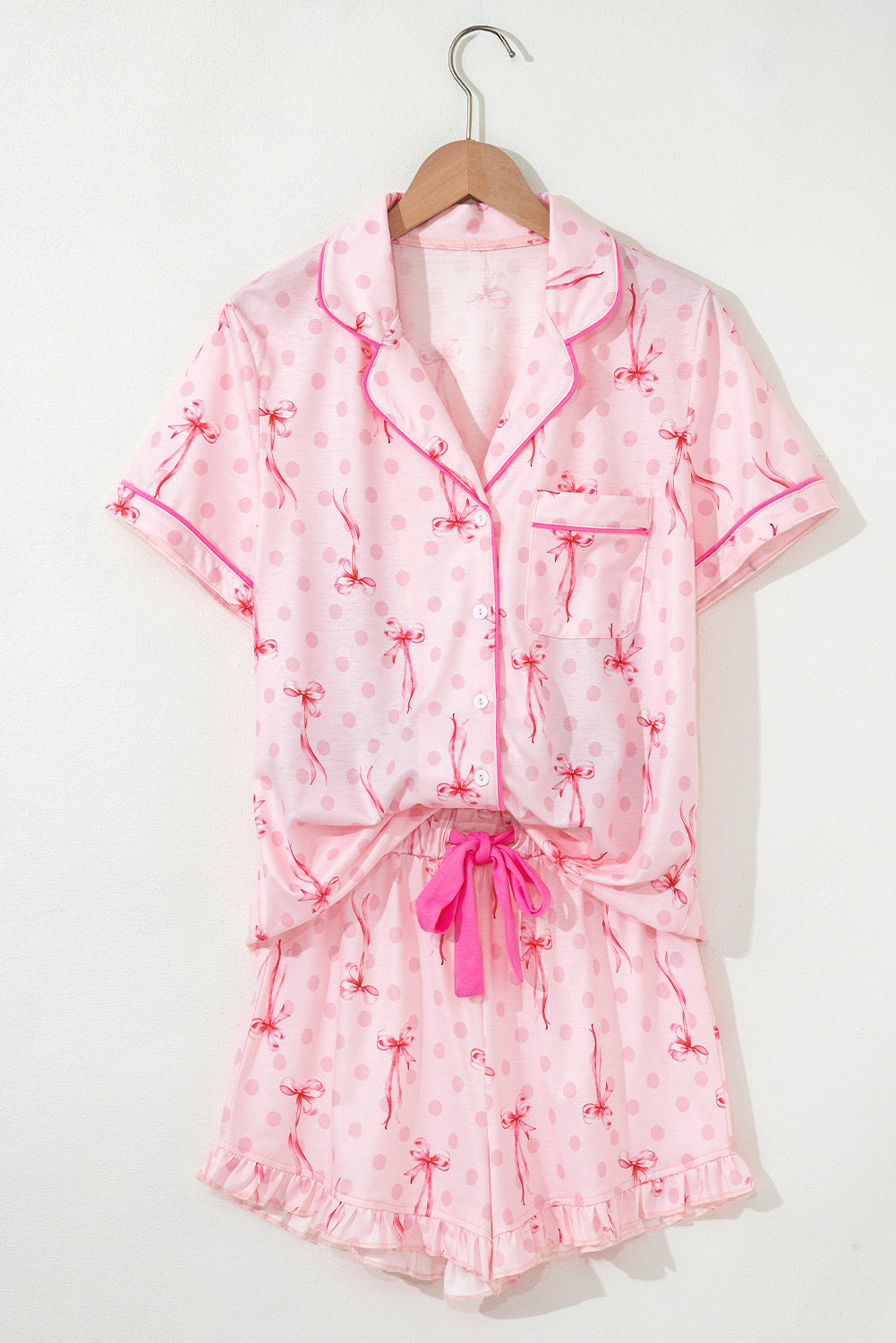 Pink Bow Print Contrast Pipping Short Pajamas Set-Loungewear & Sleepwear/Sleepwear-[Adult]-[Female]-2022 Online Blue Zone Planet
