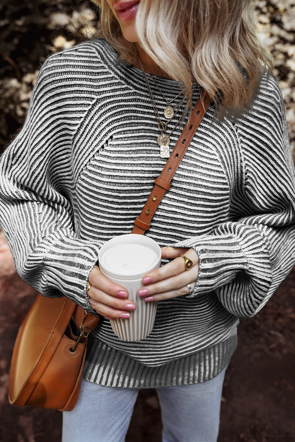 Coffee Striped Print Ribbed Knit Boat Neck Baggy Sweater-Sweaters & Cardigans/Sweaters-[Adult]-[Female]-Black-S-2022 Online Blue Zone Planet