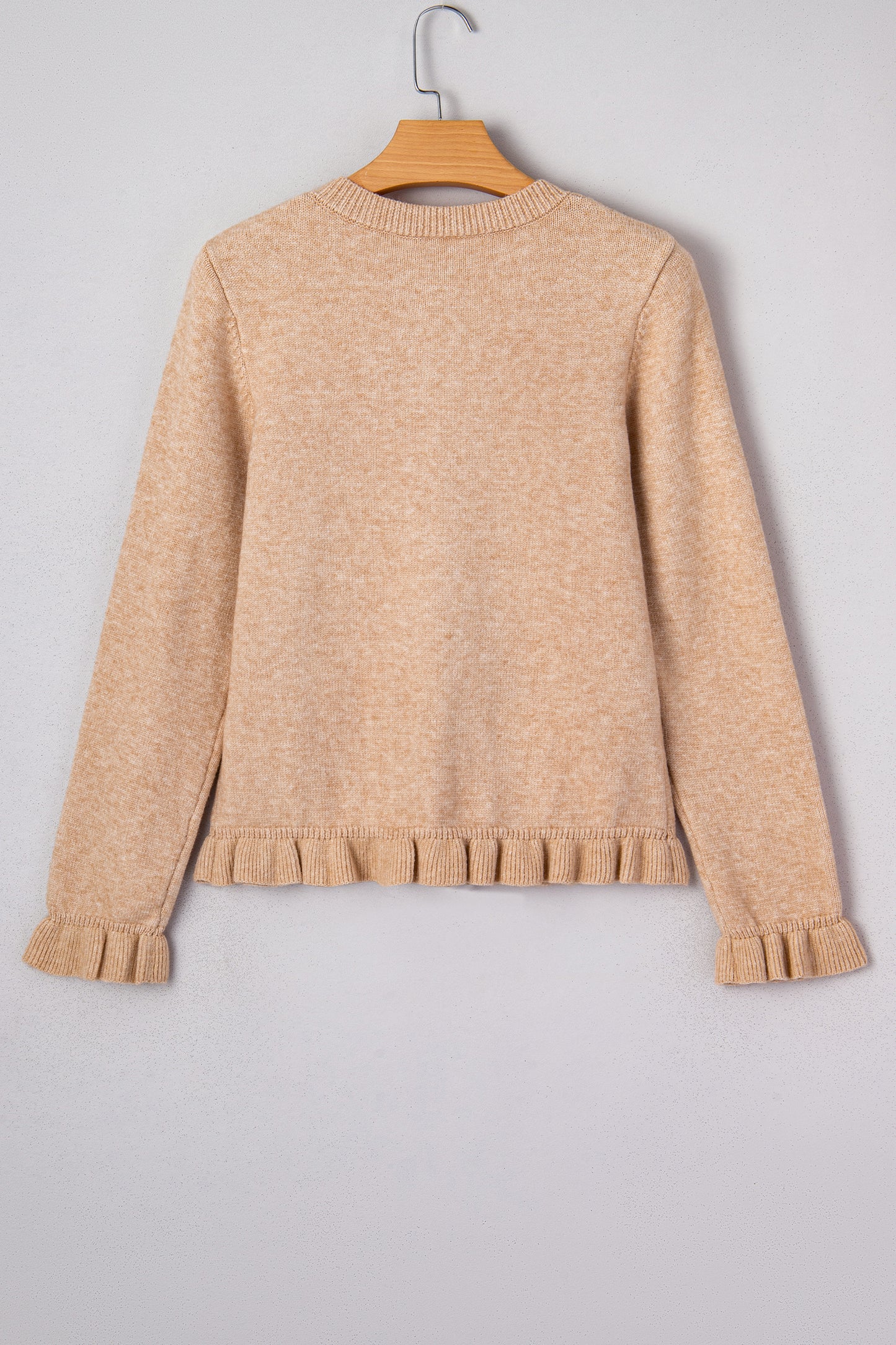 Oatmeal Ruffle Trim Gold Button Sweater Cardigan-Sweaters & Cardigans/Cardigans-[Adult]-[Female]-2022 Online Blue Zone Planet