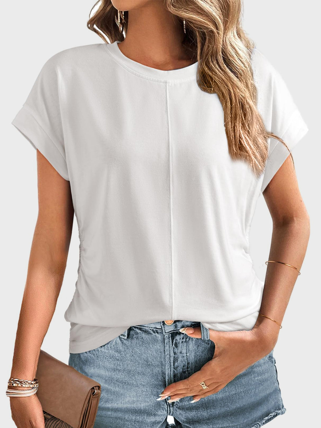 Ruched Round Neck Short Sleeve T-Shirt-TOPS / DRESSES-[Adult]-[Female]-White-S-2022 Online Blue Zone Planet