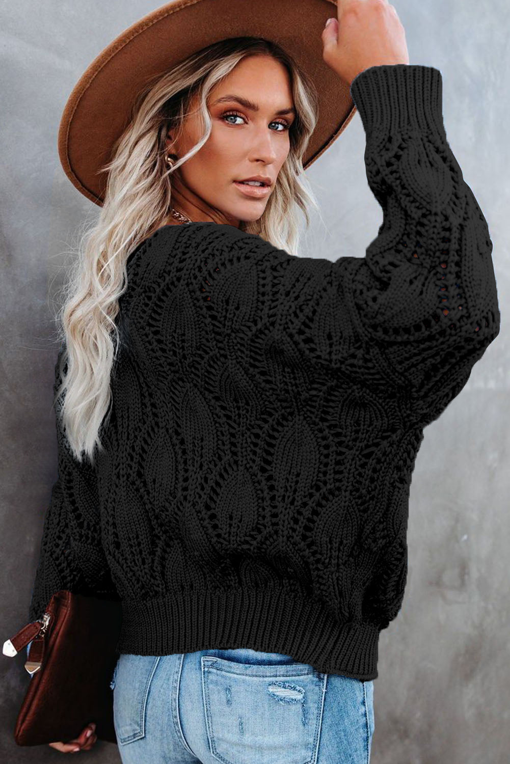 Black Crochet Knit Ribbed Hem Hollow-out Sweater-Sweaters & Cardigans/Sweaters-[Adult]-[Female]-2022 Online Blue Zone Planet