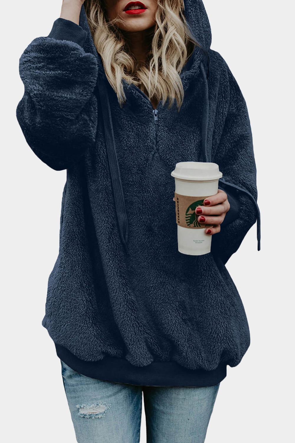 Navy Warm Furry Pullover Hoodie-Tops / Dresses-[Adult]-[Female]-Blue-S-2022 Online Blue Zone Planet