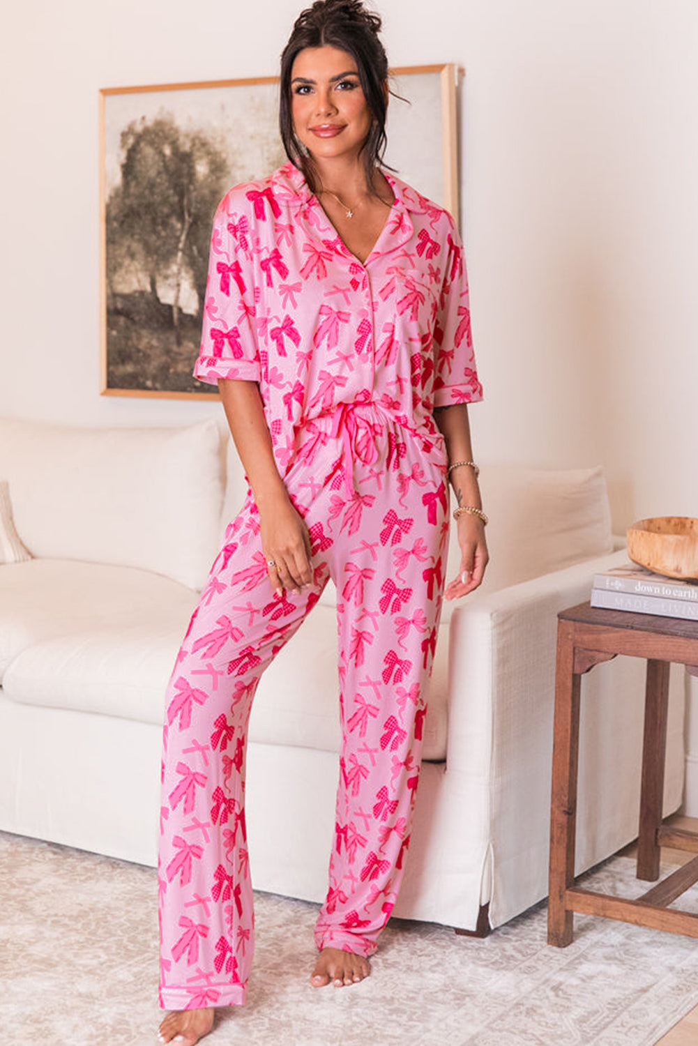 Pink Bow Knot Print Lapel Collar Short Sleeve and Pants Pajamas Set-Loungewear & Sleepwear/Sleepwear-[Adult]-[Female]-2022 Online Blue Zone Planet