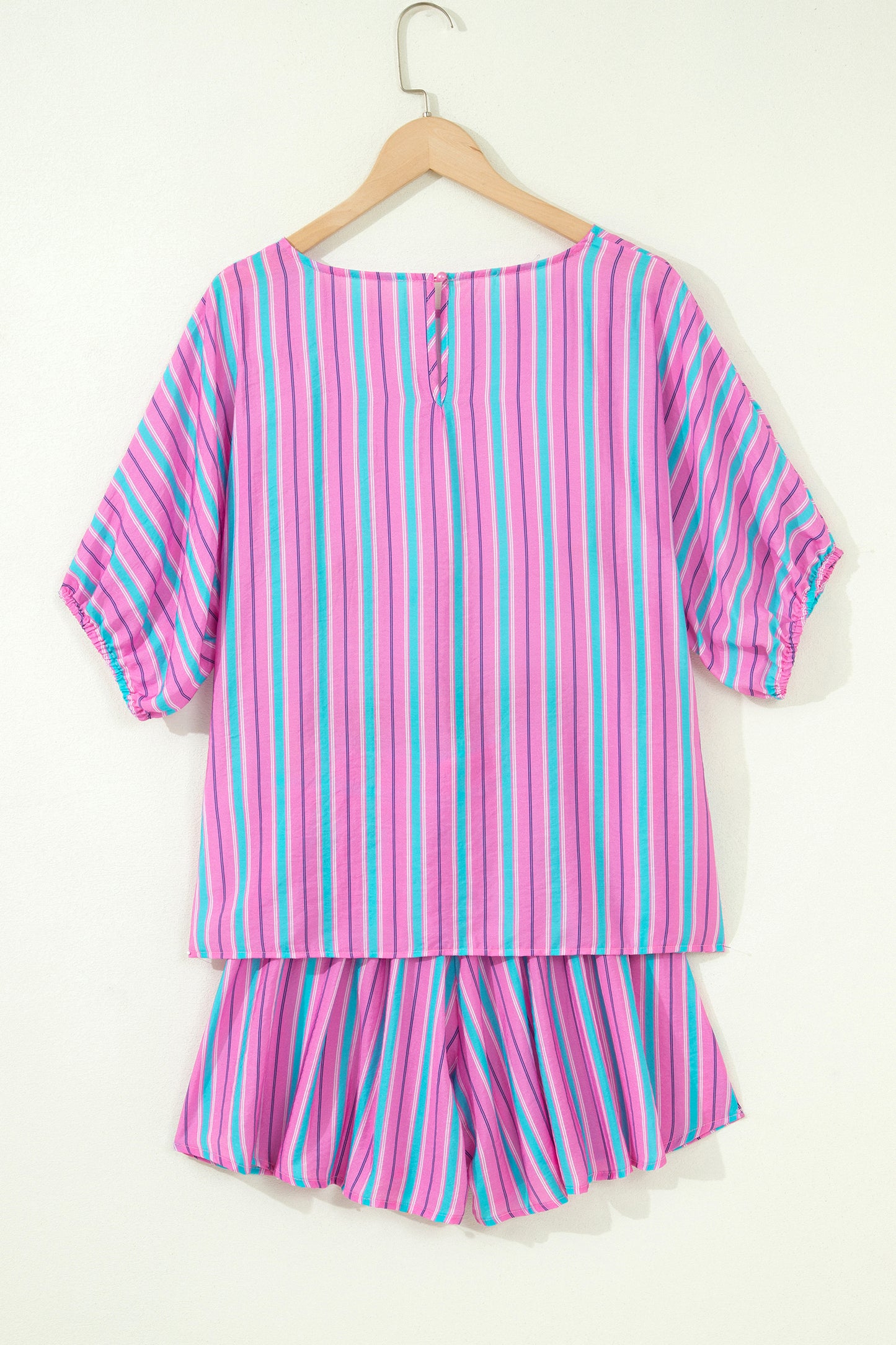 Pink Stripe Dolman Short Sleeve Blouse Drawstring Elastic Waist Loose Short Set-Two Piece Sets/Short Sets-[Adult]-[Female]-2022 Online Blue Zone Planet