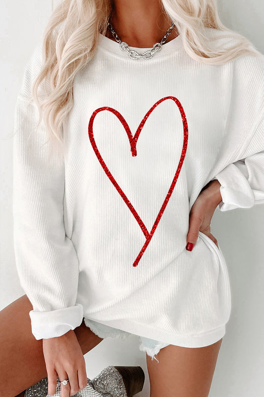 White Glittering Heart Printed Corded Valentines Pullover Sweatshirt-Graphic/Graphic Sweatshirts-[Adult]-[Female]-White-S-2022 Online Blue Zone Planet