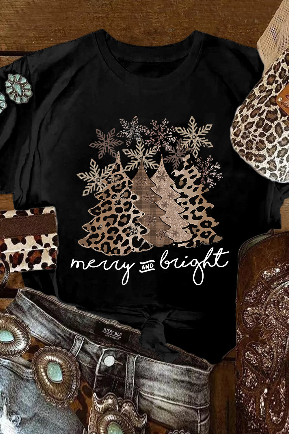 Black Leopard Christmas Tree Graphic Crew Neck T Shirt-Graphic/Graphic Tees-[Adult]-[Female]-2022 Online Blue Zone Planet