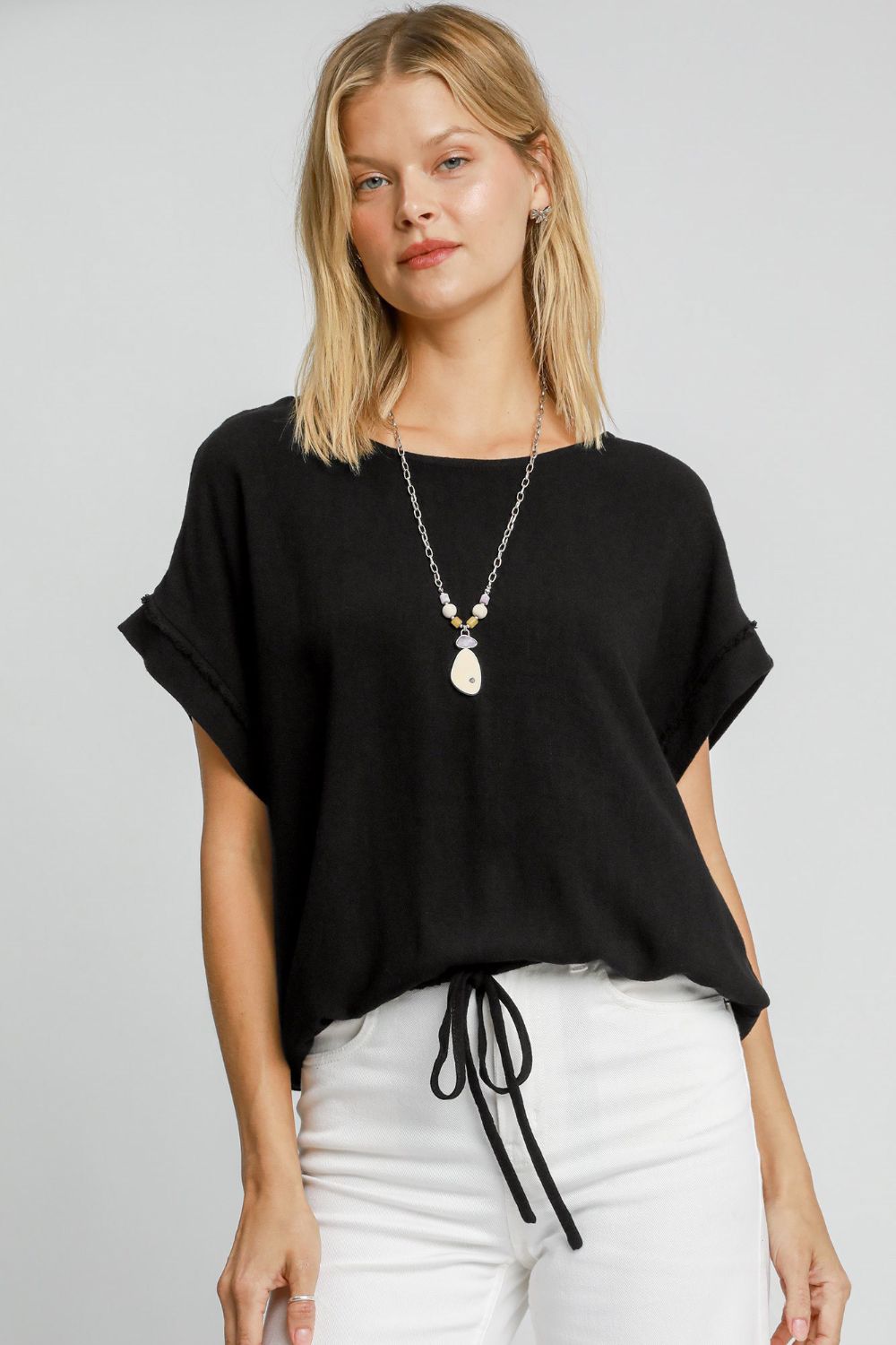 Umgee Drawstring Hem Round Neck Short Sleeve T-Shirt-TOPS / DRESSES-[Adult]-[Female]-Black-S-2022 Online Blue Zone Planet