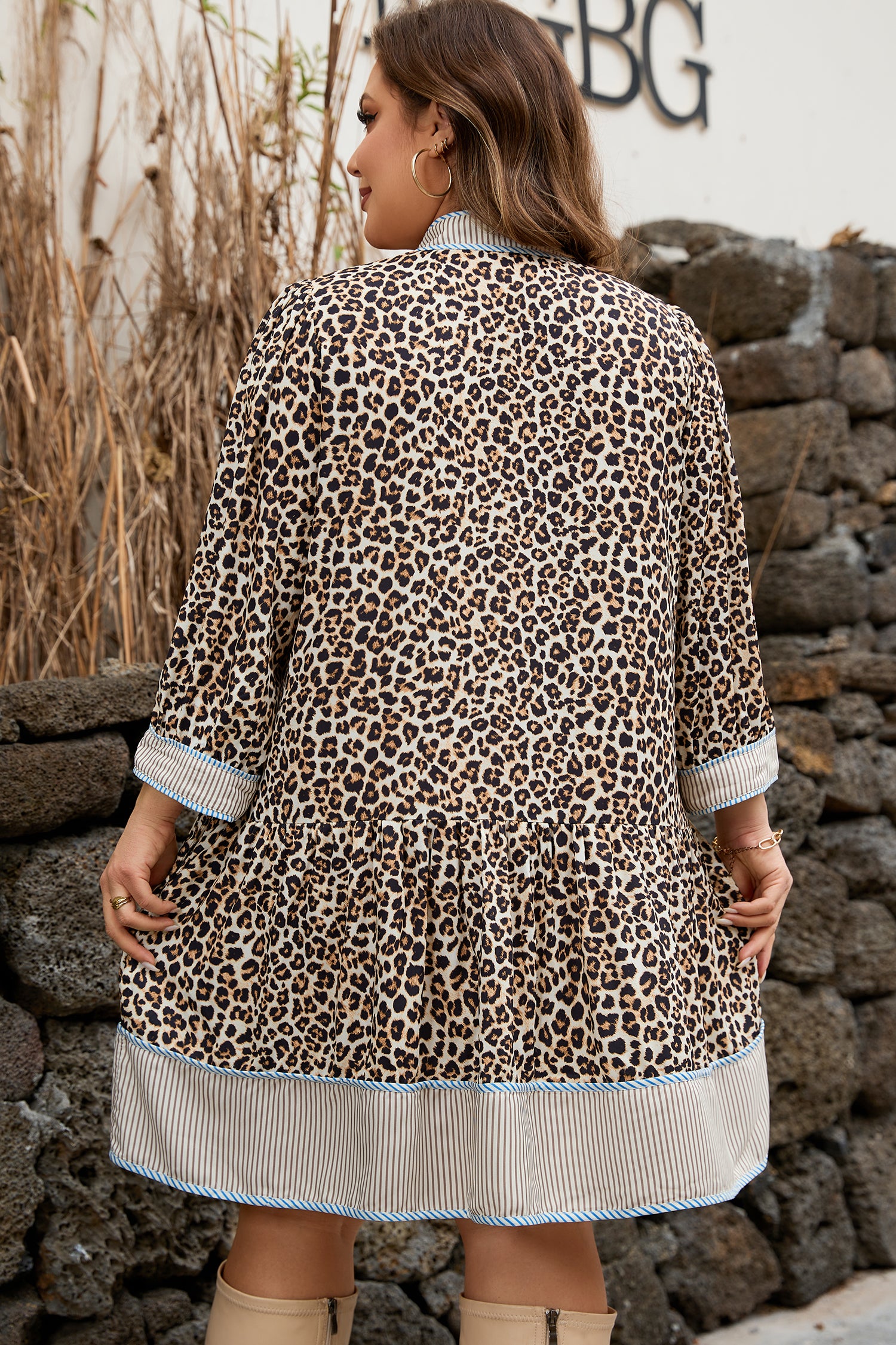 Khaki Plus Size Leopard Print Striped Trim V Neck Drop Waist Long Sleeve Mini Dress-TOPS / DRESSES-[Adult]-[Female]-2022 Online Blue Zone Planet