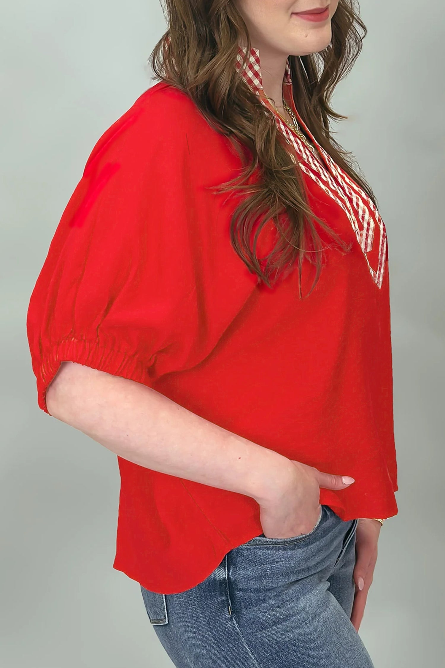 Red V Neck Plaid Collar Short Sleeve Tunic Blouse-Tops/Blouses & Shirts-[Adult]-[Female]-2022 Online Blue Zone Planet