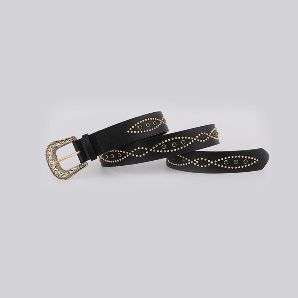 PU Leather Rhinestone Belt-BELTS-[Adult]-[Female]-Black/Gold-S-2022 Online Blue Zone Planet