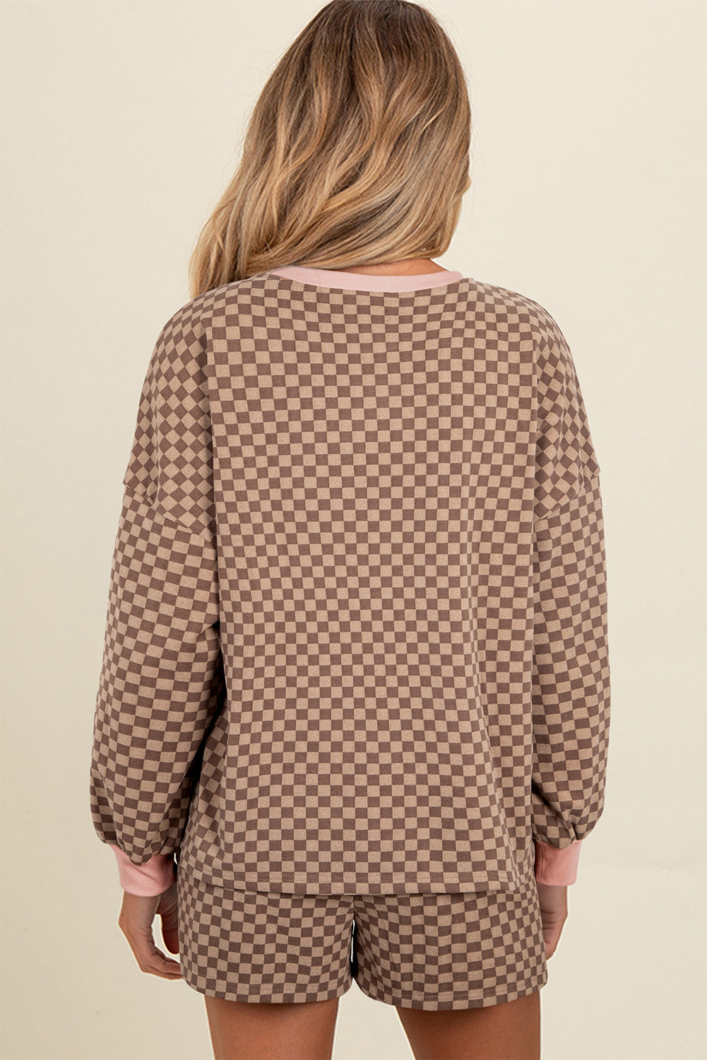 Brown Checkerboard Long Sleeve Pullover and Shorts Set-Two Piece Sets/Short Sets-[Adult]-[Female]-2022 Online Blue Zone Planet