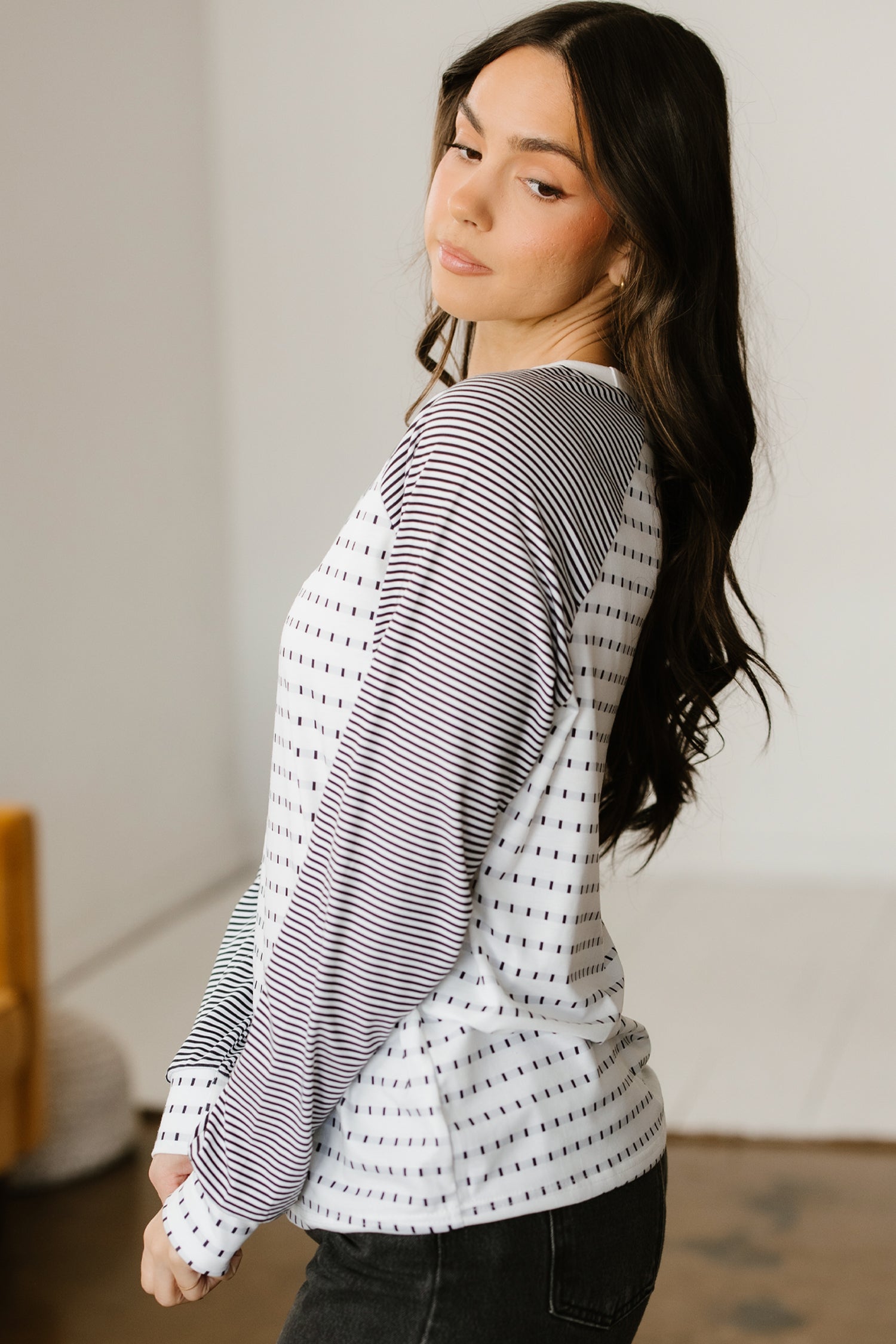 Black Stripe Raglan Patchwork Long Sleeve Tee-Tops/Long Sleeve Tops-[Adult]-[Female]-2022 Online Blue Zone Planet