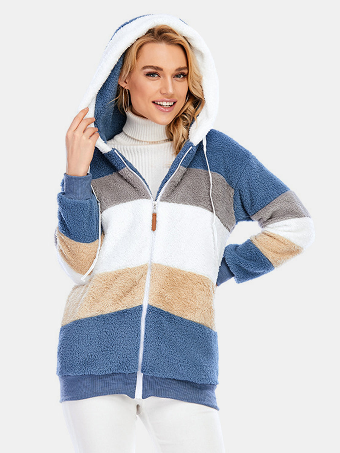 Blue Zone Planet | Full Size Drawstring Color Block Zip Up Hooded Outerwear-TOPS / DRESSES-[Adult]-[Female]-2022 Online Blue Zone Planet