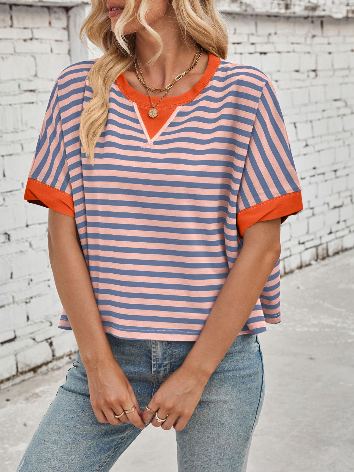 Lovelet Striped Round Neck Short Sleeve T-Shirt-TOPS / DRESSES-[Adult]-[Female]-Lilac-S-2022 Online Blue Zone Planet