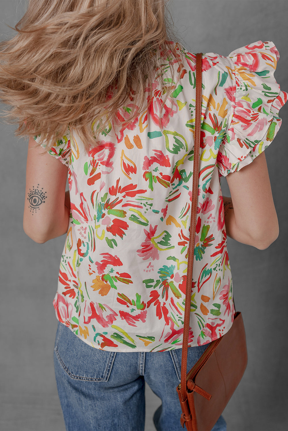 Multicolour Allover Floral Printed Flutter Sleeve Split Neck Blouse-Tops/Blouses & Shirts-[Adult]-[Female]-2022 Online Blue Zone Planet
