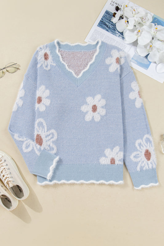 Gray Fuzzy Flower Scalloped V Neck Plus Sweater-TOPS / DRESSES-[Adult]-[Female]-2022 Online Blue Zone Planet