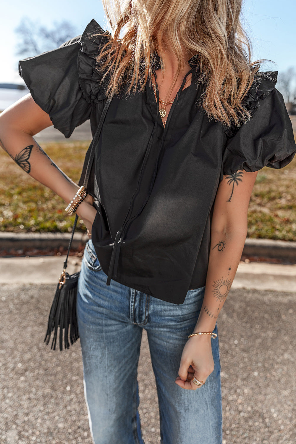 Black Ruffled Puff Short Sleeve Loose Blouse-Tops/Blouses & Shirts-[Adult]-[Female]-2022 Online Blue Zone Planet