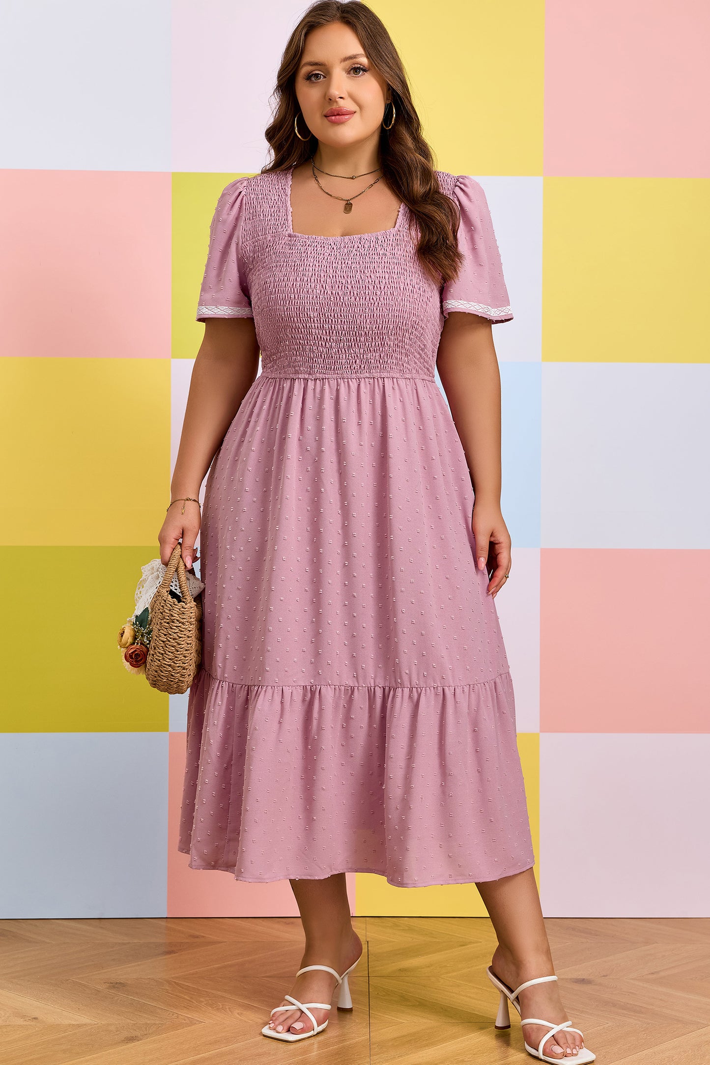 Pink Plus Size Swiss Dot Short Sleeve Smocked High Waist Flowy Midi Dress-TOPS / DRESSES-[Adult]-[Female]-2022 Online Blue Zone Planet