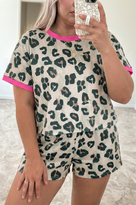 Brown Plus Size Leopard Color Block Trim Short 2pcs Set-Plus Size/Plus Size Loungewear-[Adult]-[Female]-Brown-1X-2022 Online Blue Zone Planet