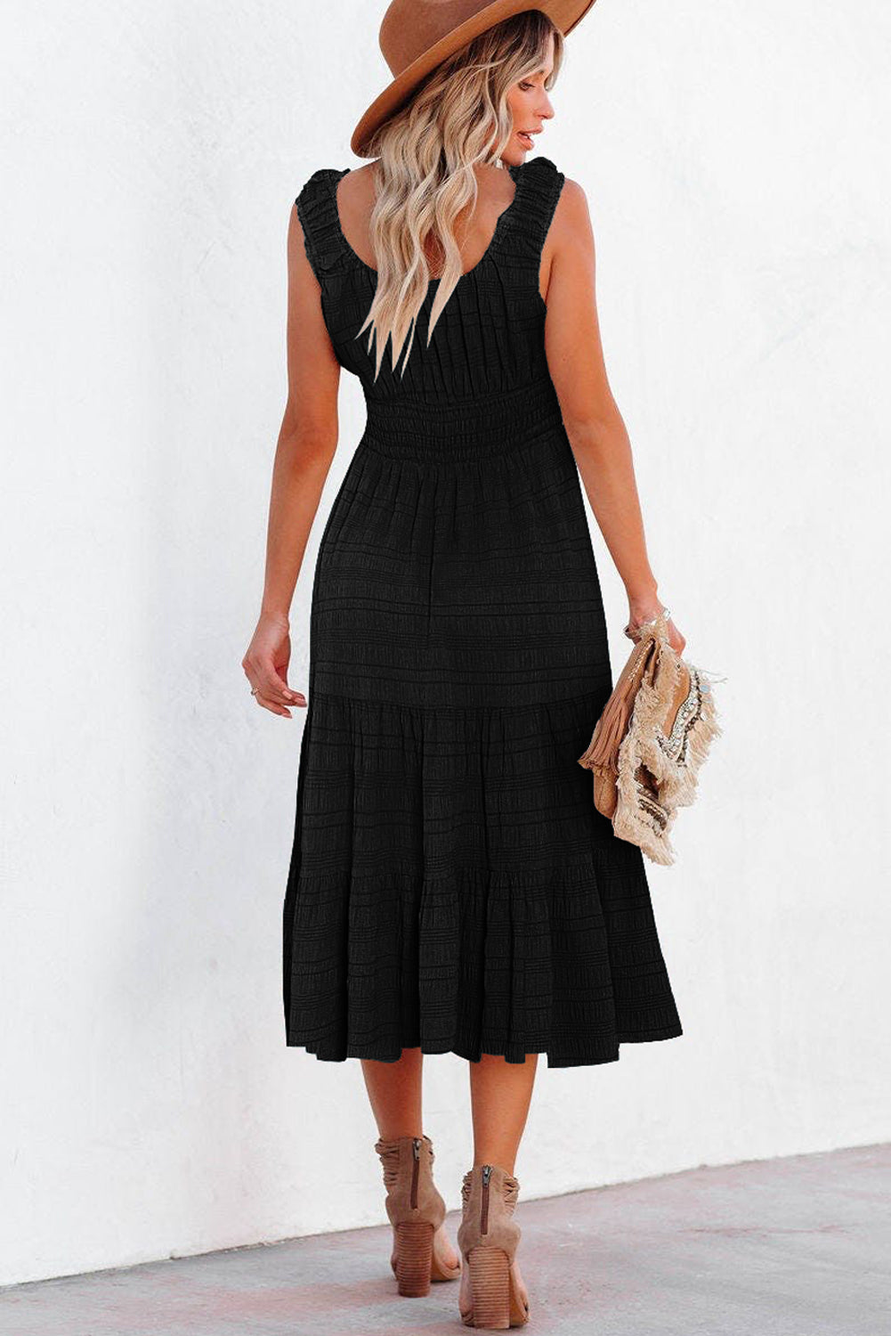 Rose Shirred Pleated Square Neck Sleeveless Midi Dress-TOPS / DRESSES-[Adult]-[Female]-2022 Online Blue Zone Planet