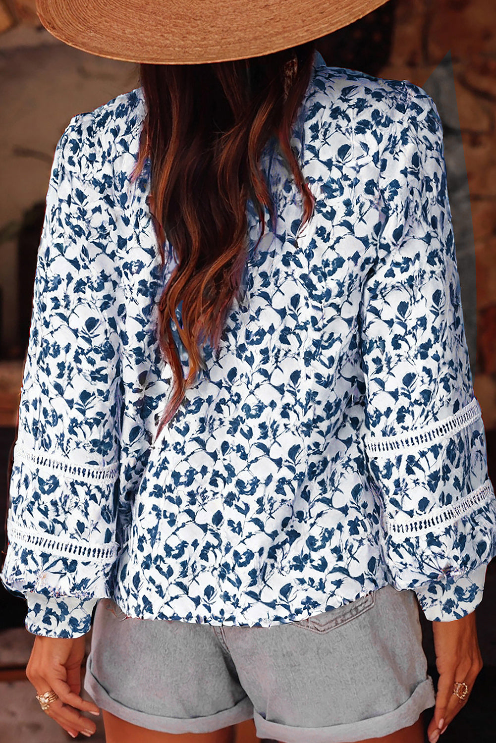 Blue Printed Lace Detail Floral Puff Sleeve Fall Shirt-Tops/Blouses & Shirts-[Adult]-[Female]-2022 Online Blue Zone Planet