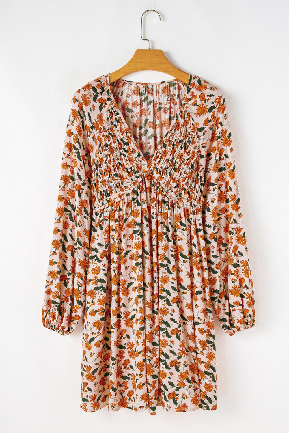 Blue Zone Planet | Beige Floral Deep V Neck Smocked Bust Bubble Sleeve Babydoll Dress-TOPS / DRESSES-[Adult]-[Female]-2022 Online Blue Zone Planet