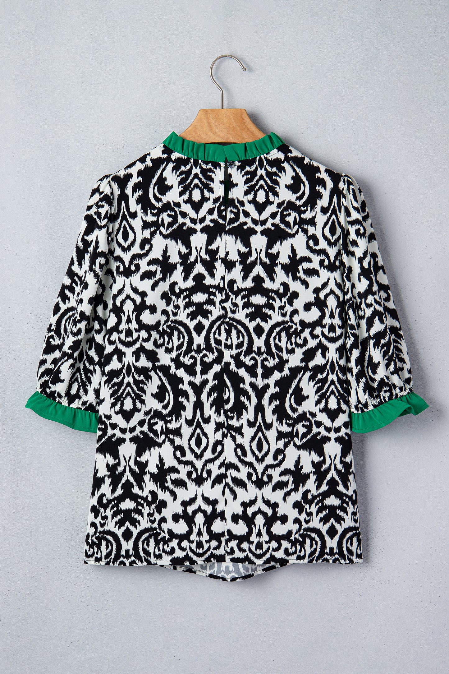 Green Damask Print Ruffled Color Block Detail Half Sleeve Blouse-Tops/Blouses & Shirts-[Adult]-[Female]-2022 Online Blue Zone Planet