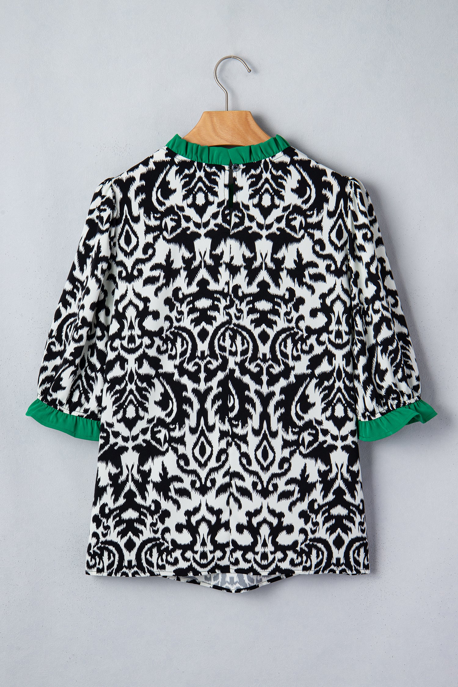 Green Damask Print Ruffled Color Block Detail Half Sleeve Blouse-Tops/Blouses & Shirts-[Adult]-[Female]-2022 Online Blue Zone Planet
