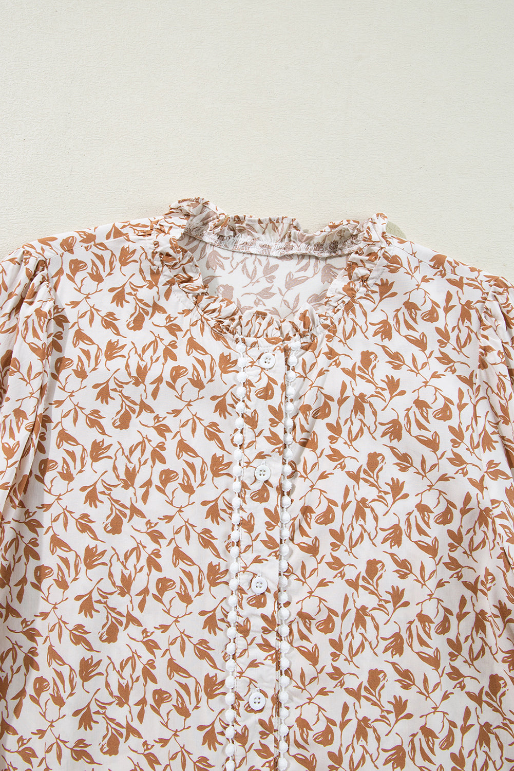 Khaki Printed Lace Detail Floral Puff Sleeve Fall Shirt-Tops/Blouses & Shirts-[Adult]-[Female]-2022 Online Blue Zone Planet