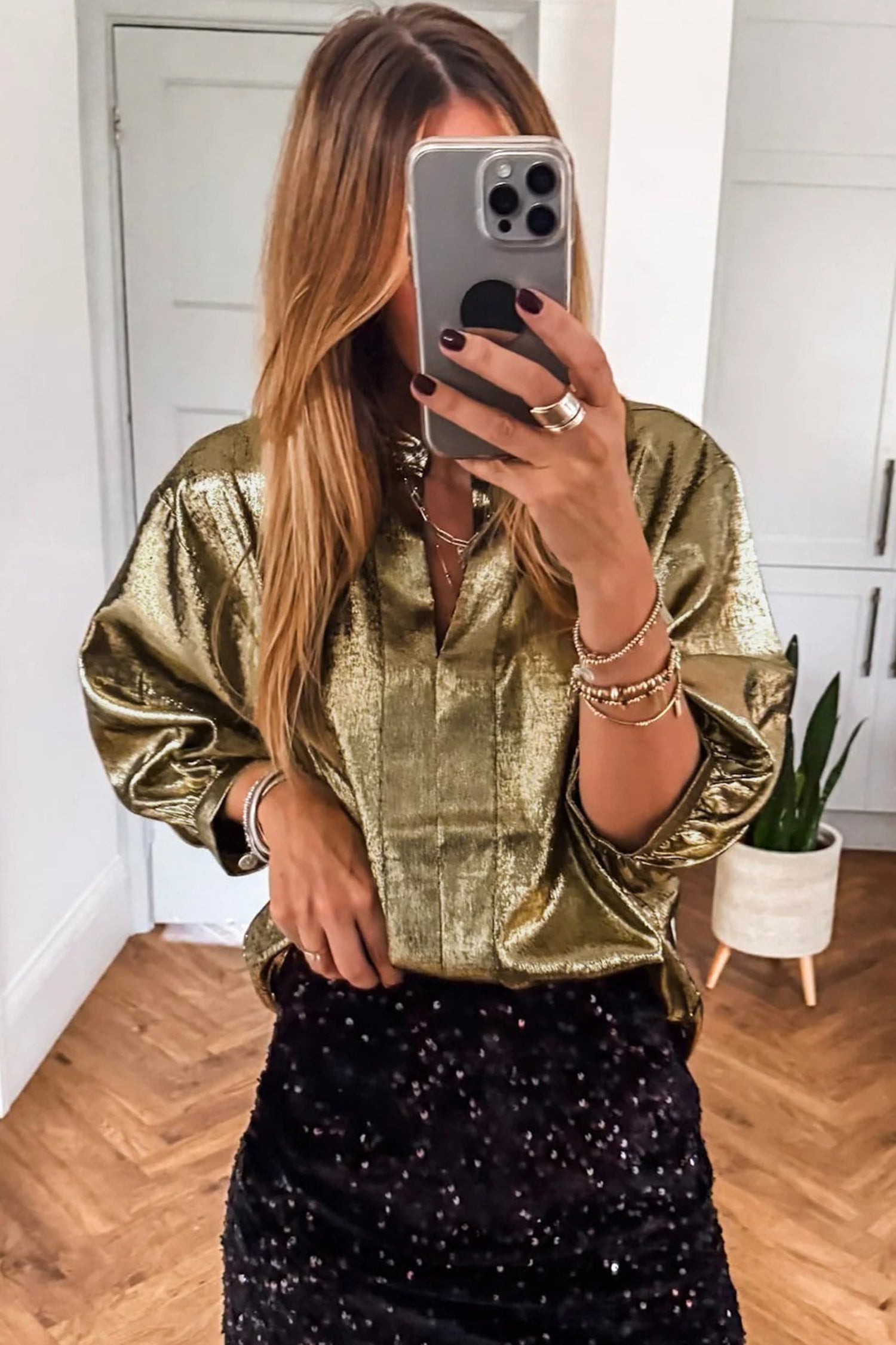 Gold Metallic Split Neck Half Sleeve Blouse-Tops/Blouses & Shirts-[Adult]-[Female]-2022 Online Blue Zone Planet