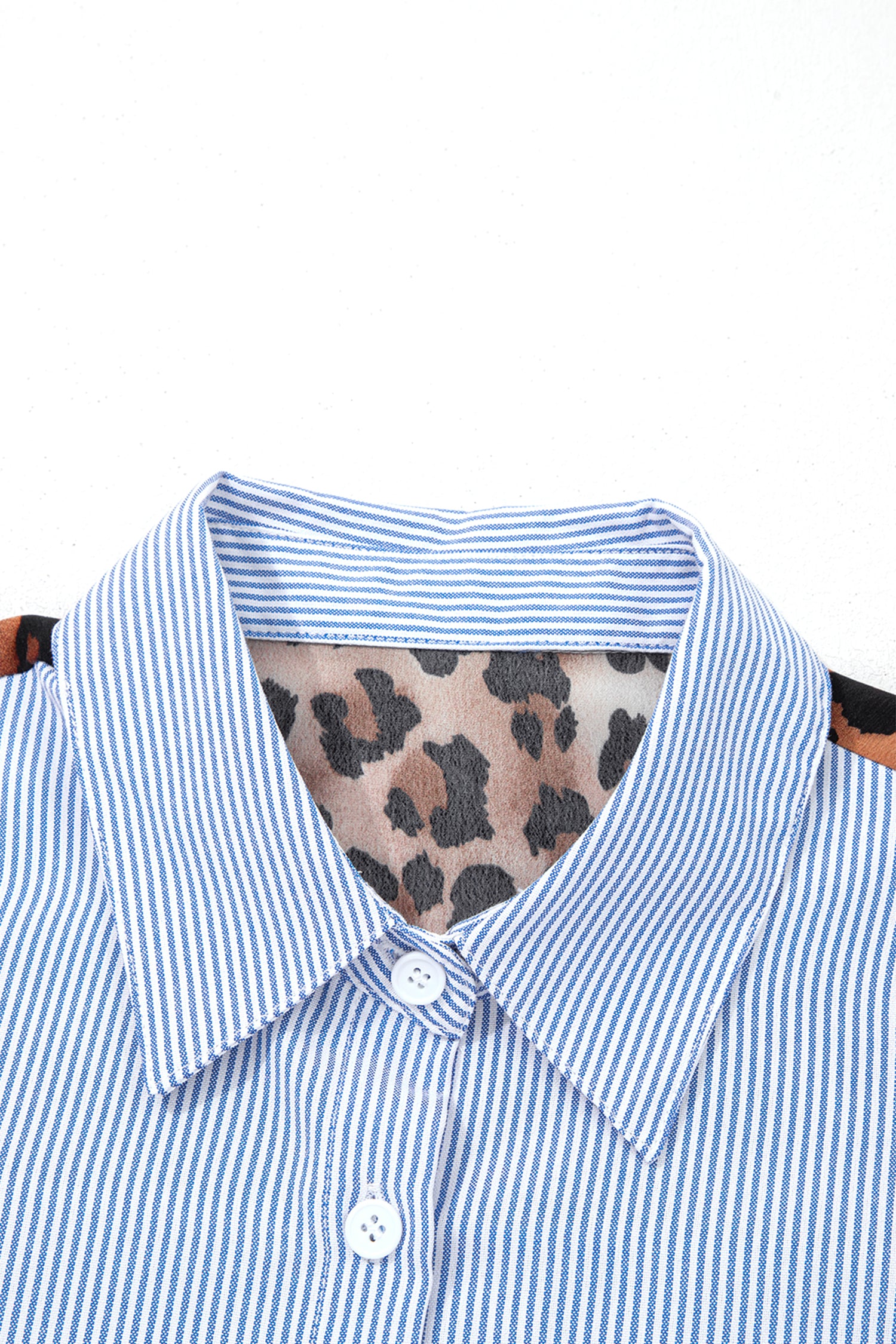 Sky Blue Stripe Contrasted Varsity Stripe Leopard Patchwork Button Down Shirt-Tops/Blouses & Shirts-[Adult]-[Female]-2022 Online Blue Zone Planet