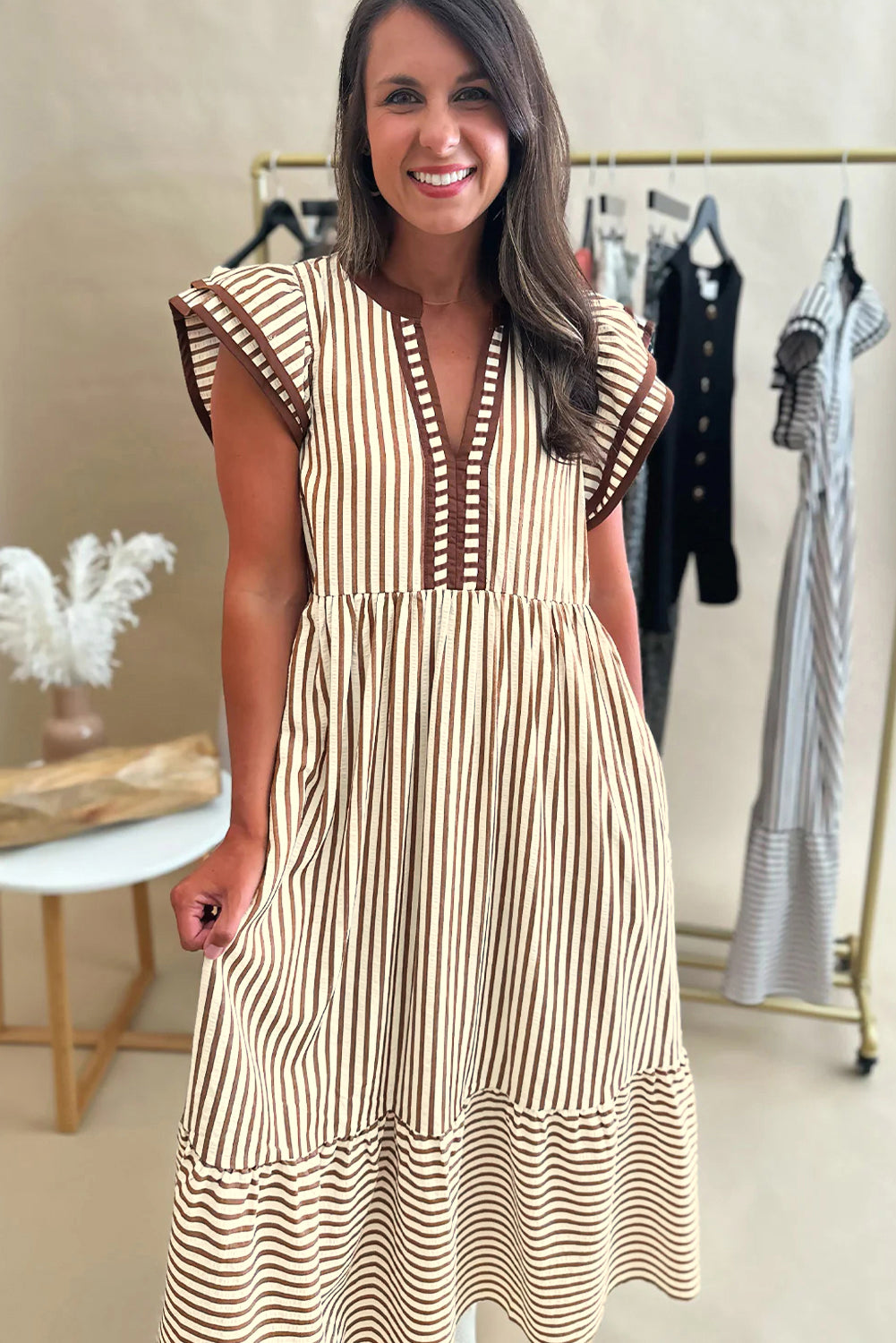 Brown Stripe Double Ruffled Short Sleeve Contrast Trim V Neck Midi Dress-TOPS / DRESSES-[Adult]-[Female]-2022 Online Blue Zone Planet