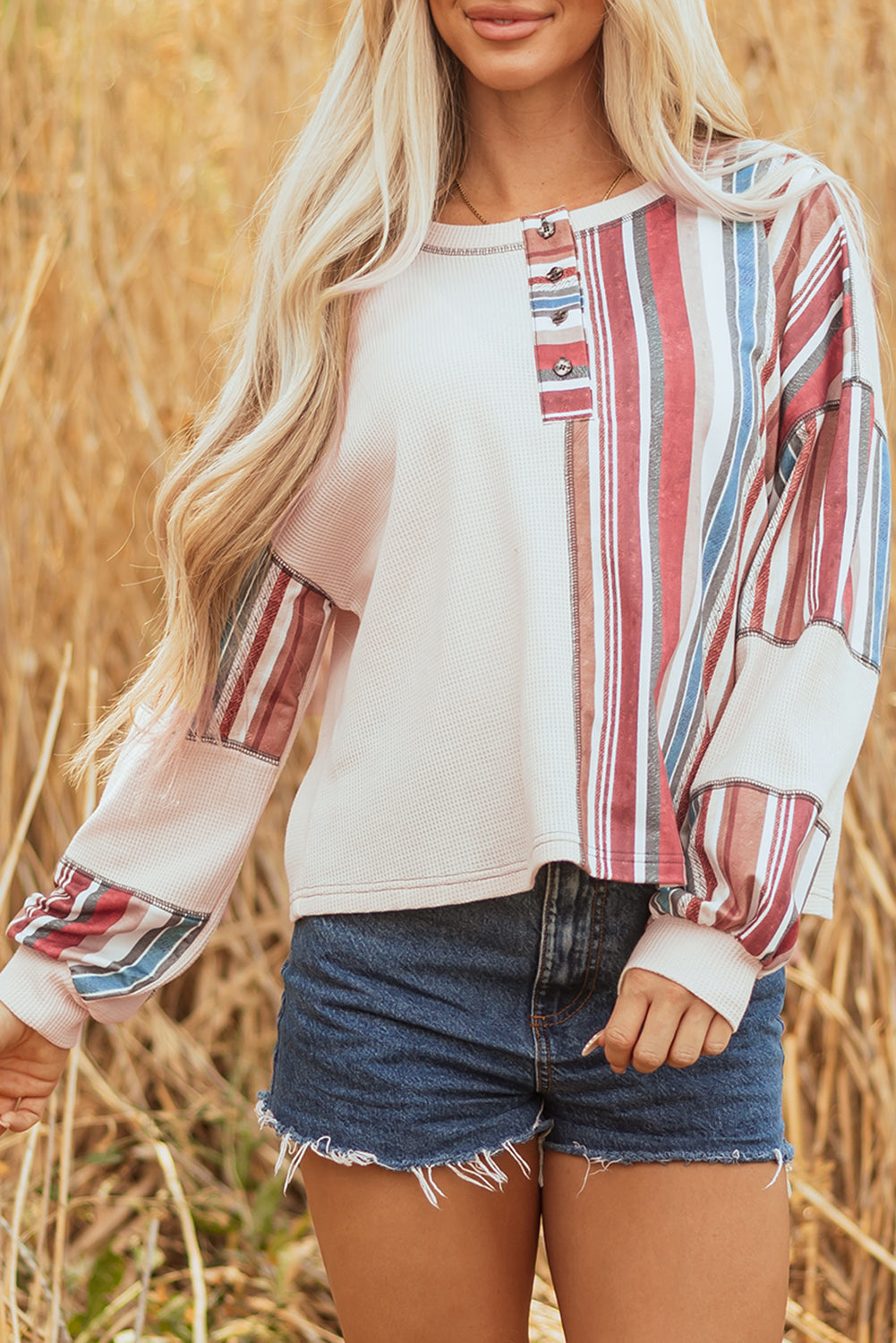 Beige Striped Waffle Patchwork Exposed Seam Raw Edge Casual Knit Top-Tops/Blouses & Shirts-[Adult]-[Female]-2022 Online Blue Zone Planet