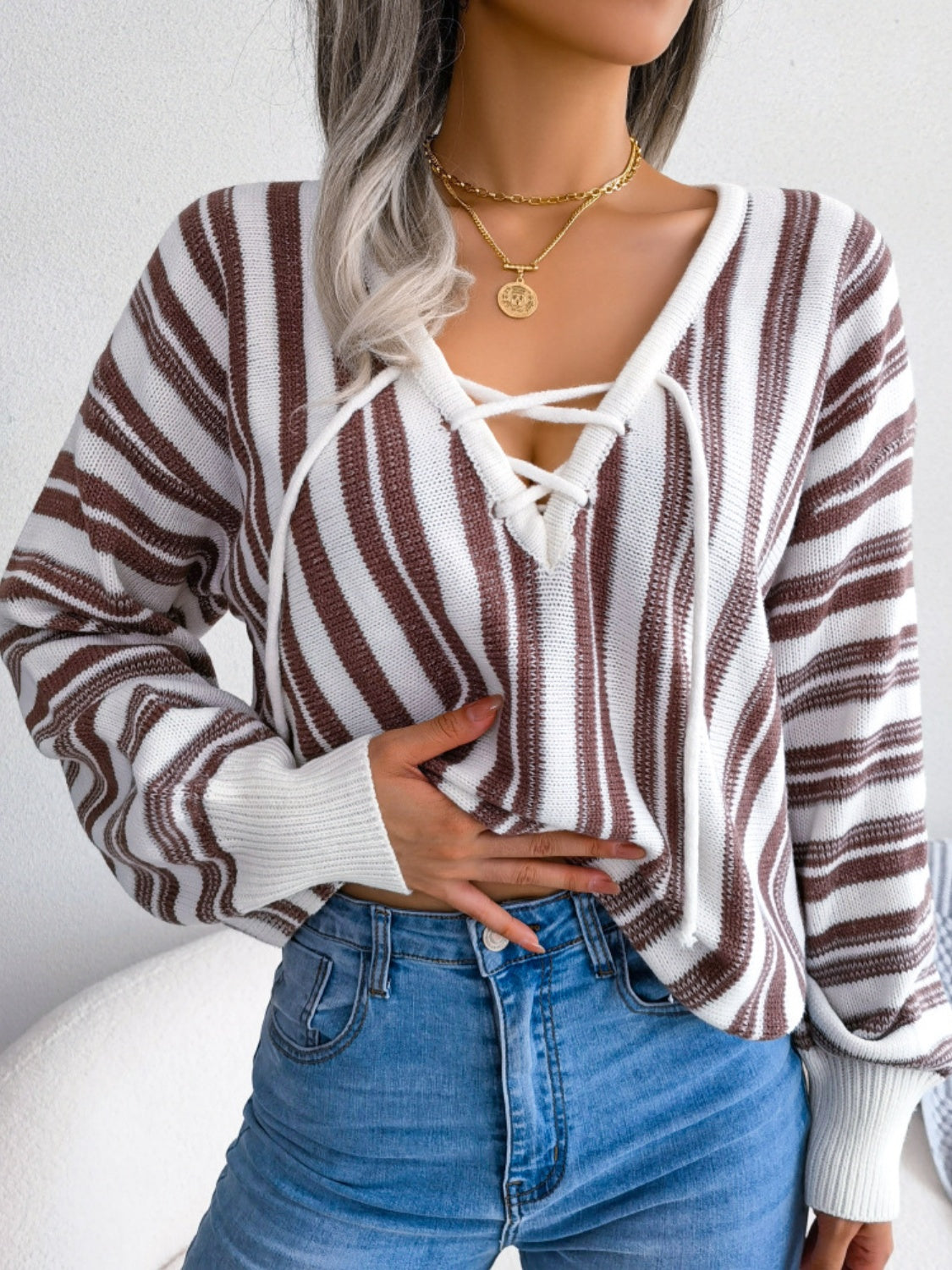 Striped Lace-Up Long Sleeve Sweater-TOPS / DRESSES-[Adult]-[Female]-Taupe-S-2022 Online Blue Zone Planet