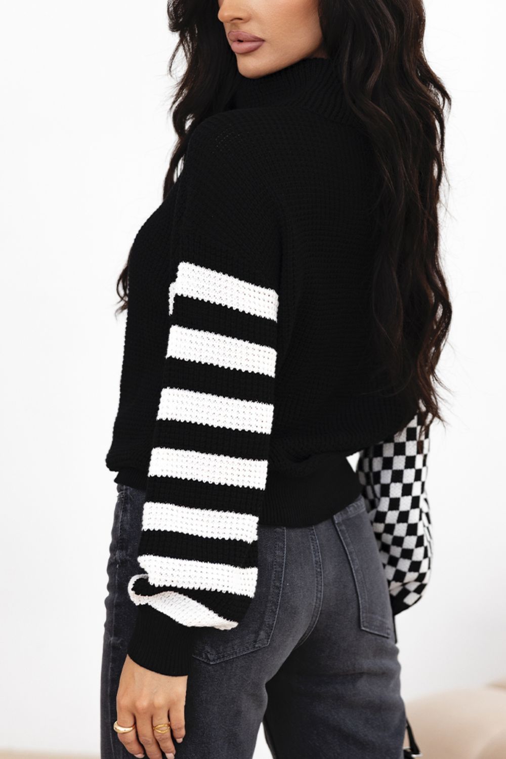 Striped & Checkered Turtleneck Dropped Shoulder Sweater-TOPS / DRESSES-[Adult]-[Female]-2022 Online Blue Zone Planet