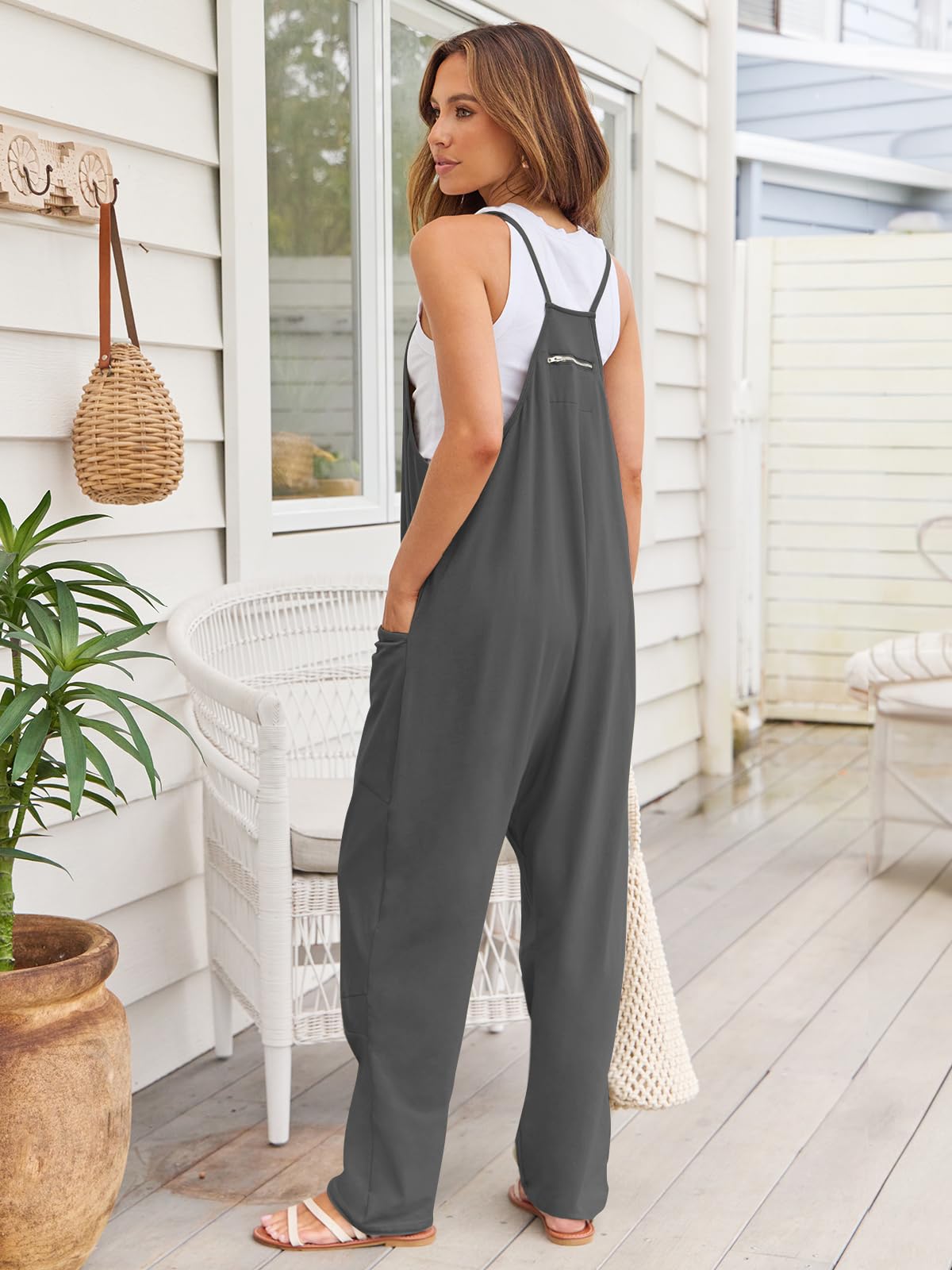 V-Neck Spaghetti Strap Jumpsuit-TOPS / DRESSES-[Adult]-[Female]-Dark Gray-S-2022 Online Blue Zone Planet