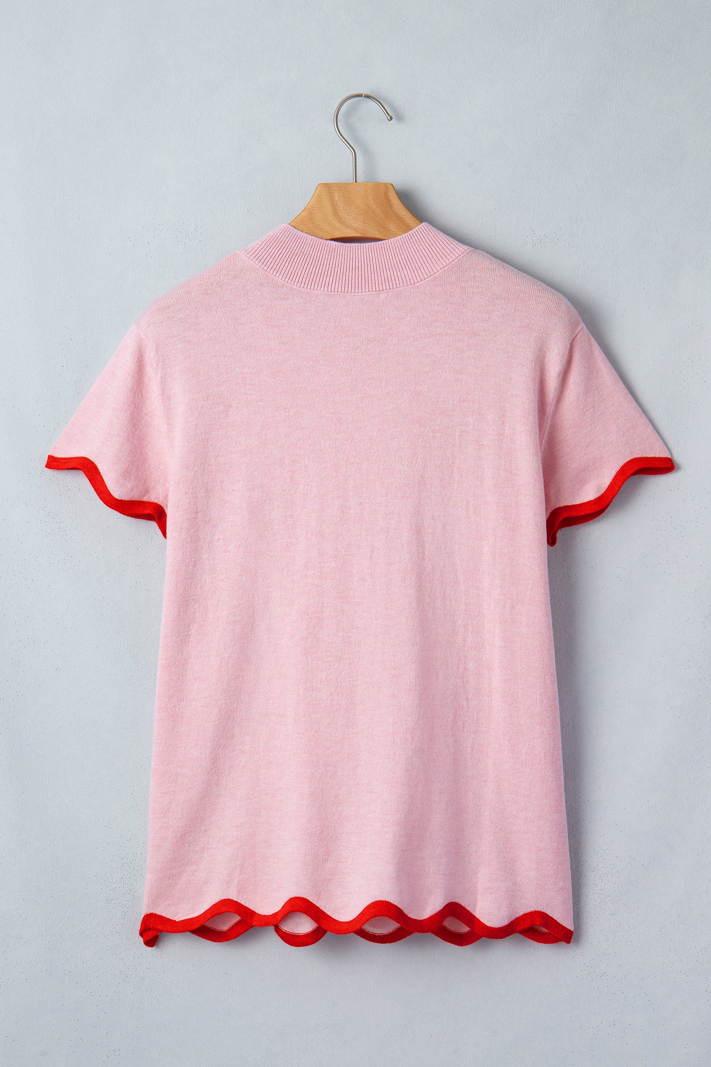 Pink Stand Neck Contrast Wavy Trim Short Sleeve Sweater-Sweaters & Cardigans/Short Sleeve Sweaters-[Adult]-[Female]-2022 Online Blue Zone Planet
