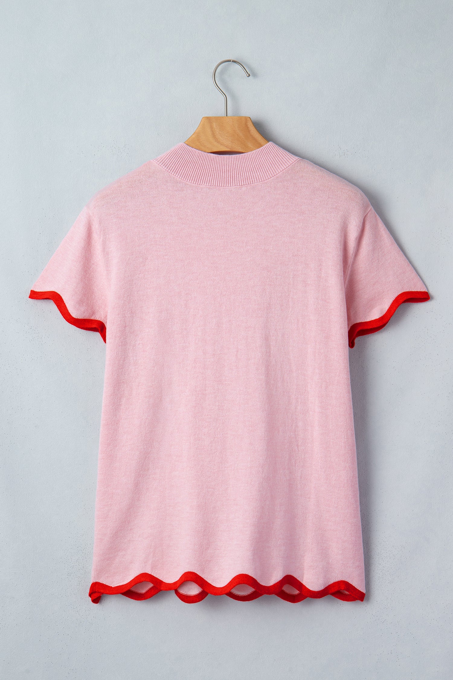 Pink Stand Neck Contrast Wavy Trim Short Sleeve Sweater-Sweaters & Cardigans/Short Sleeve Sweaters-[Adult]-[Female]-2022 Online Blue Zone Planet