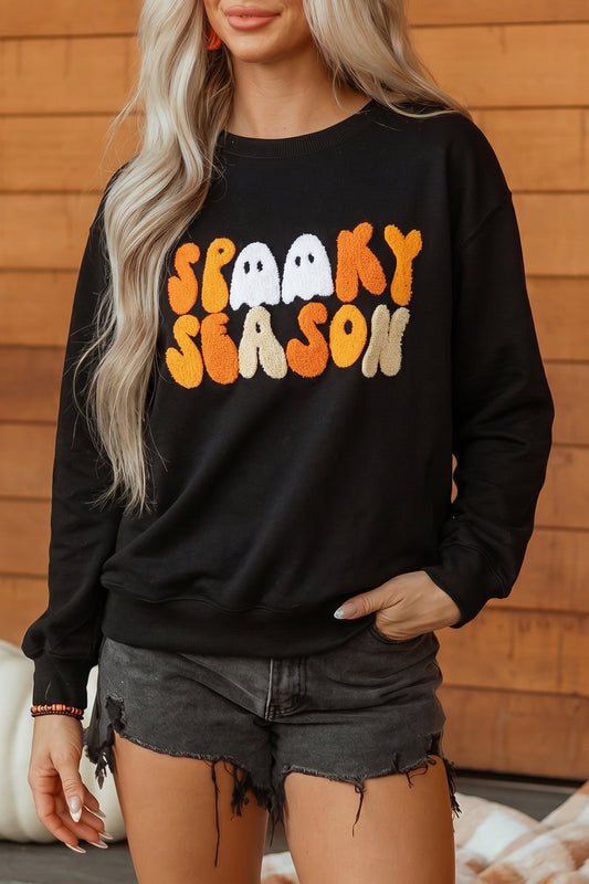 Color black Embroidered Spooky Season Graphic Long Sleeve Round Neck Pullover Sweatshirt-Tops/Sweatshirts & Hoodies-[Adult]-[Female]-Color black-S-2022 Online Blue Zone Planet