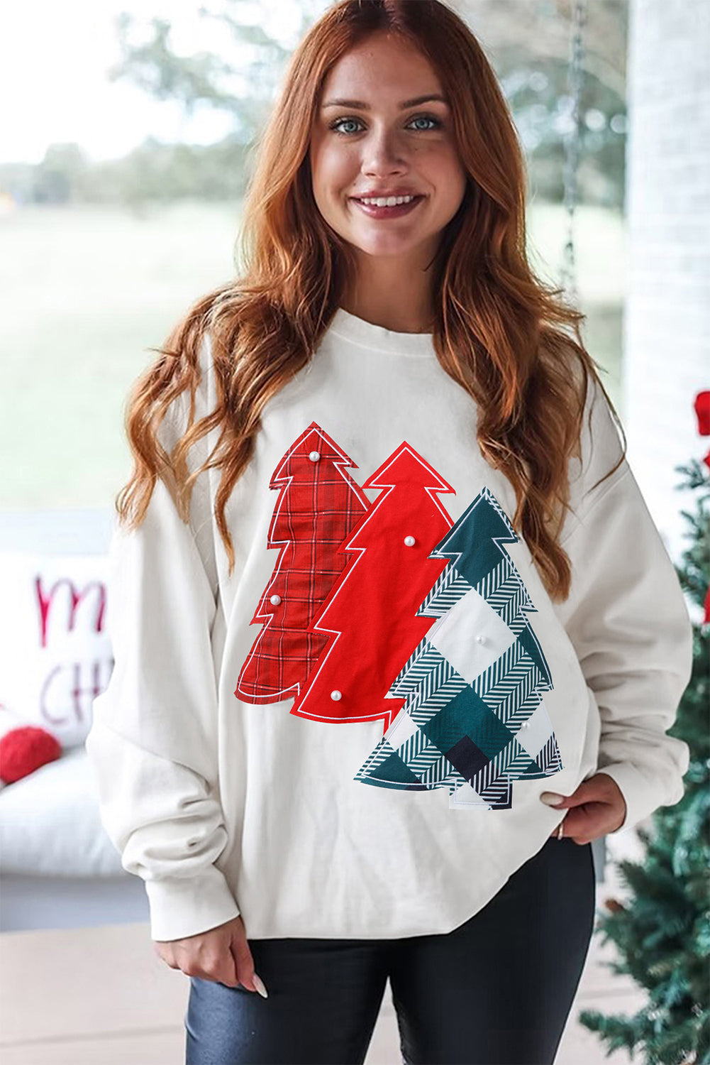 White Pearl Plaid Christmas Tree Patched Drop Shoulder Sweatshirt-Tops/Sweatshirts & Hoodies-[Adult]-[Female]-2022 Online Blue Zone Planet