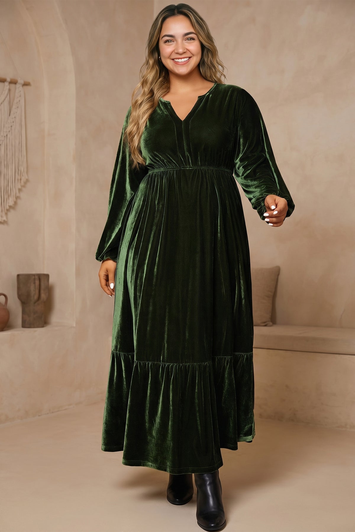 Blackish Green V Neck Long Sleeve Velvet Loose Fit Plus Size Dress-Plus Size/Plus Size Dresses/Plus Size Maxi Dresses-[Adult]-[Female]-2022 Online Blue Zone Planet