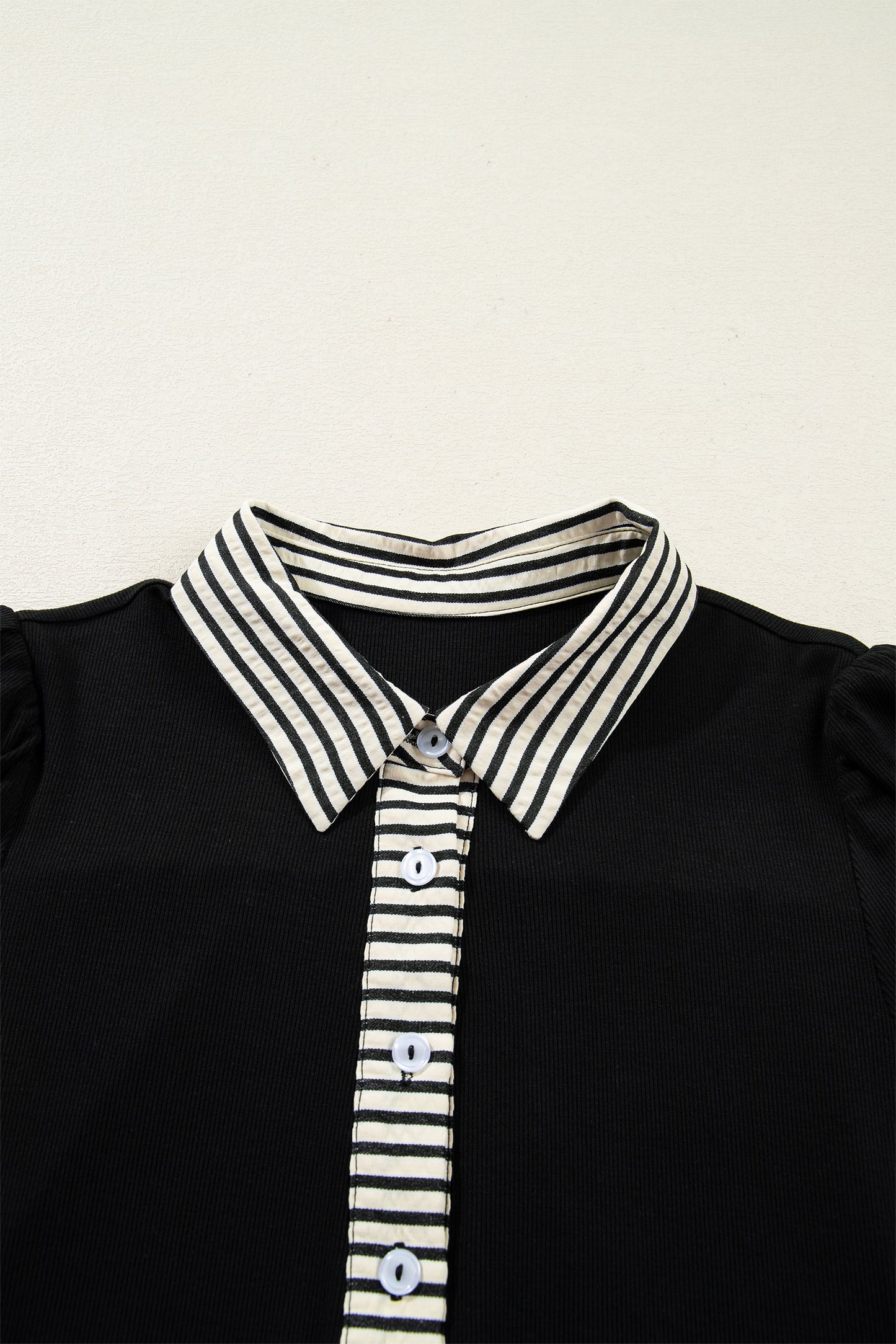 Black Stripe Detail Polo Collar Half Buttons Tied Short Sleeve Shift Mini Dress-Dresses/Mini Dresses-[Adult]-[Female]-2022 Online Blue Zone Planet