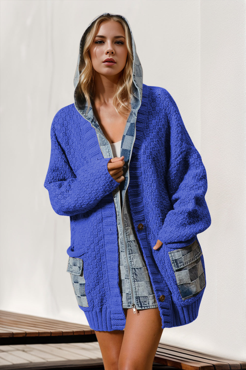 Double Take Full Size Hooded Denim Spliced Sweater Cardigan-TOPS / DRESSES-[Adult]-[Female]-Royal Blue-S/M-2022 Online Blue Zone Planet