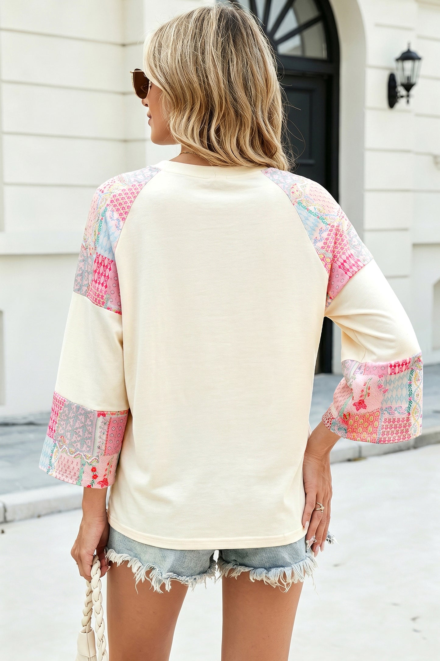 Beige Color Block Retro Floral Patchwork Long Sleeve Top-Tops/Long Sleeve Tops-[Adult]-[Female]-2022 Online Blue Zone Planet