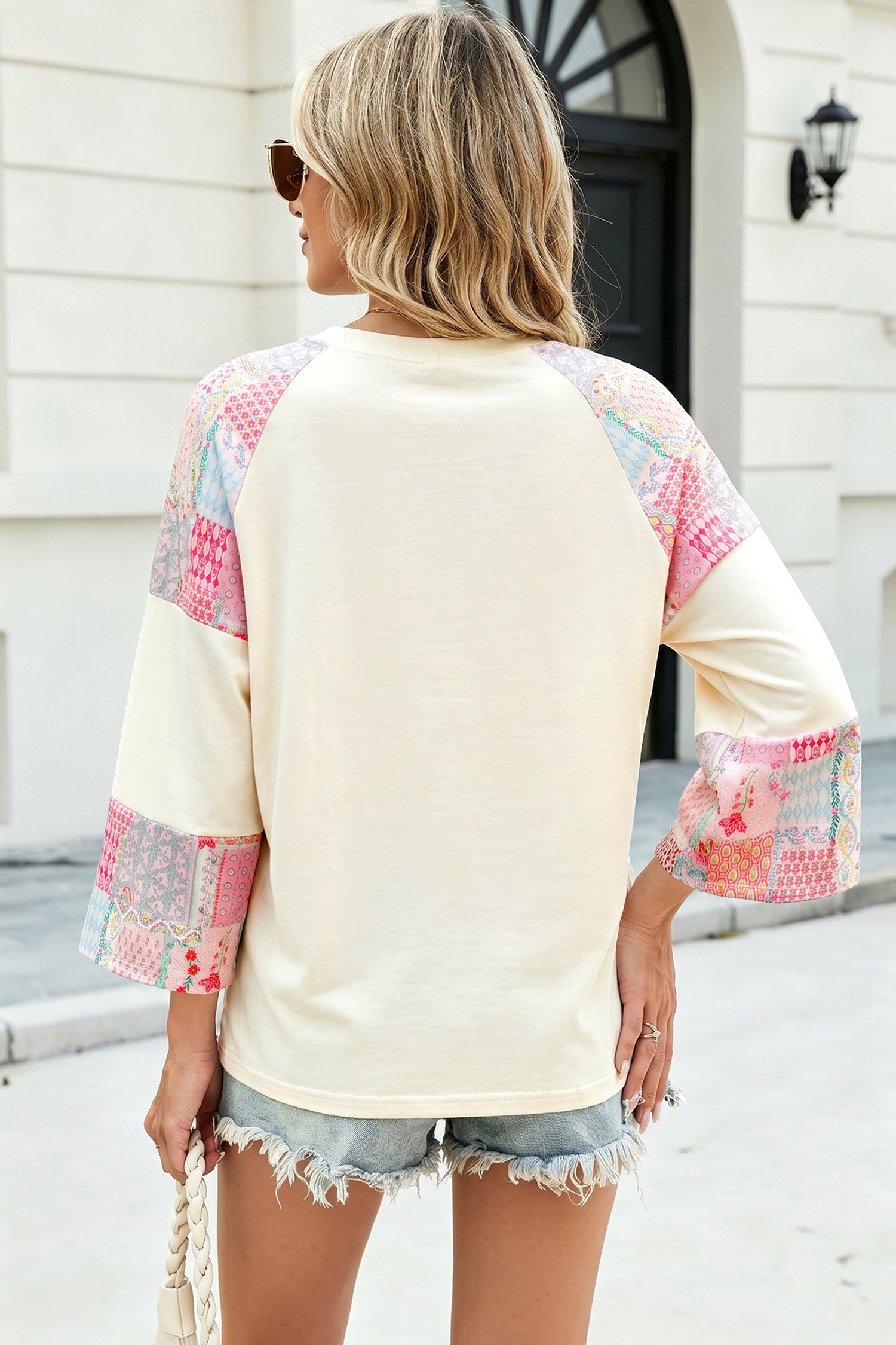 Beige Color Block Retro Floral Patchwork Long Sleeve Top-Tops/Long Sleeve Tops-[Adult]-[Female]-2022 Online Blue Zone Planet