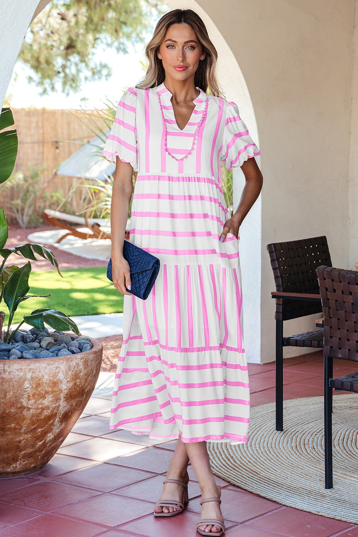 Pink Stripe Ricrac Trim Notched Neck Half Sleeve Vacation Dress-TOPS / DRESSES-[Adult]-[Female]-2022 Online Blue Zone Planet