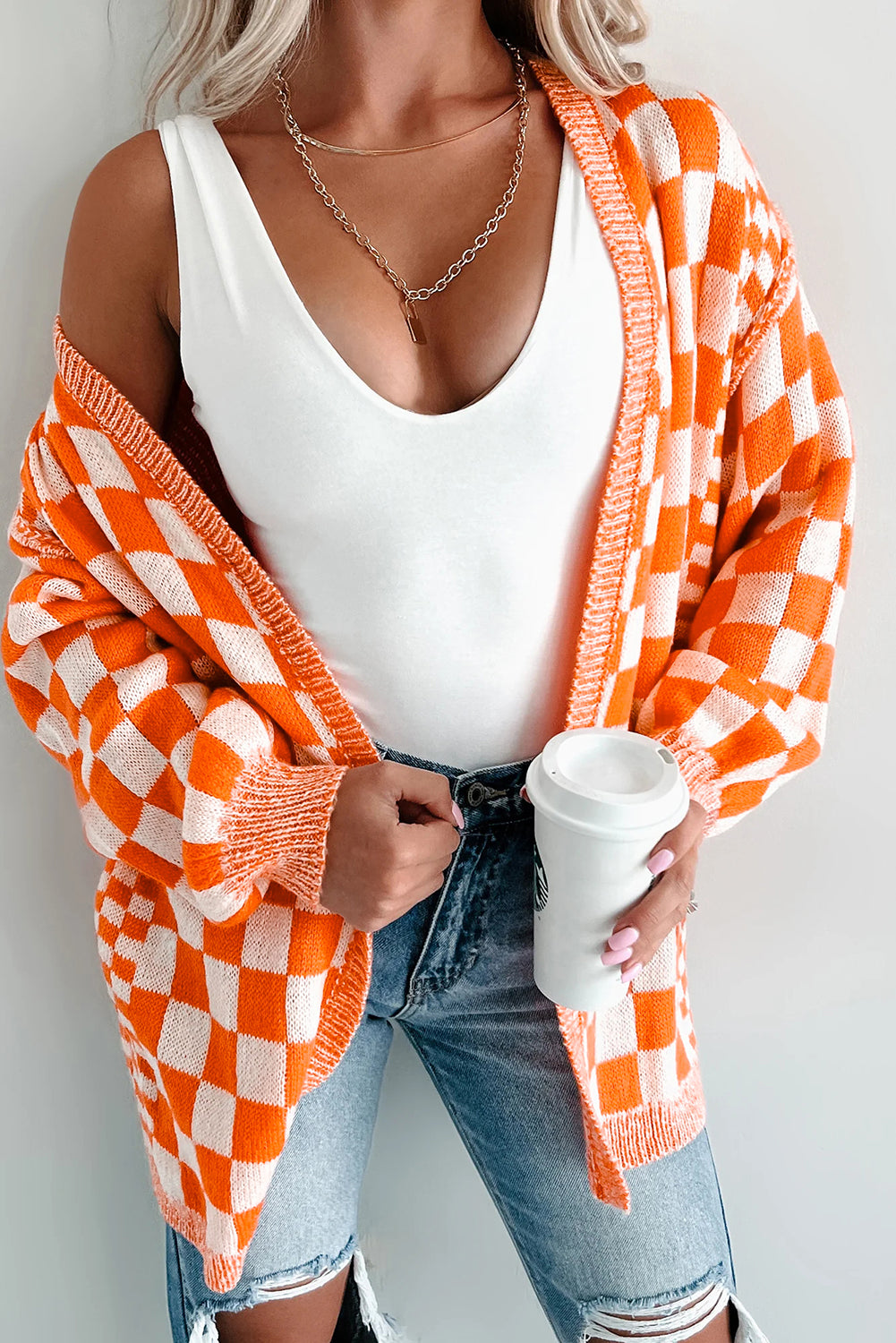 Orange Checkered Open Front Drop Shoulder Cardigan-Sweaters & Cardigans/Cardigans-[Adult]-[Female]-2022 Online Blue Zone Planet