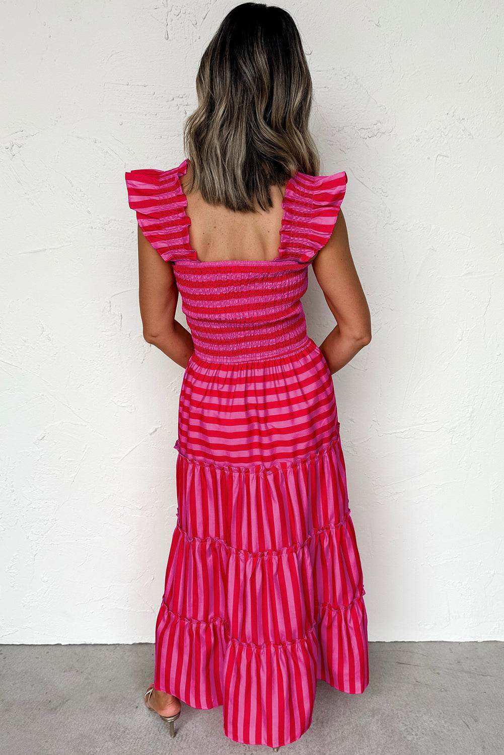 Rose Stripe Flutter Sleeve Smocked Bodice Tiered Maxi Dress-TOPS / DRESSES-[Adult]-[Female]-2022 Online Blue Zone Planet