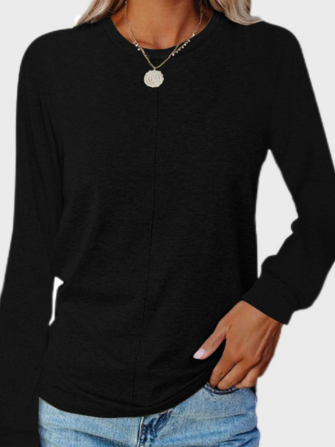 Full Size Round Neck Long Sleeve T-Shirt-TOPS / DRESSES-[Adult]-[Female]-Black-S-2022 Online Blue Zone Planet